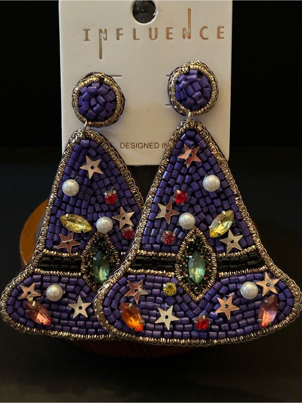 Handmade Purple Beaded Wizard Drop Earrings with Multicolor Crystal Accents NWT